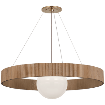 Arena 42" Ring and Globe Chandelier in Hand-Rubbed Antique Brass and Natural Oak with White Glass