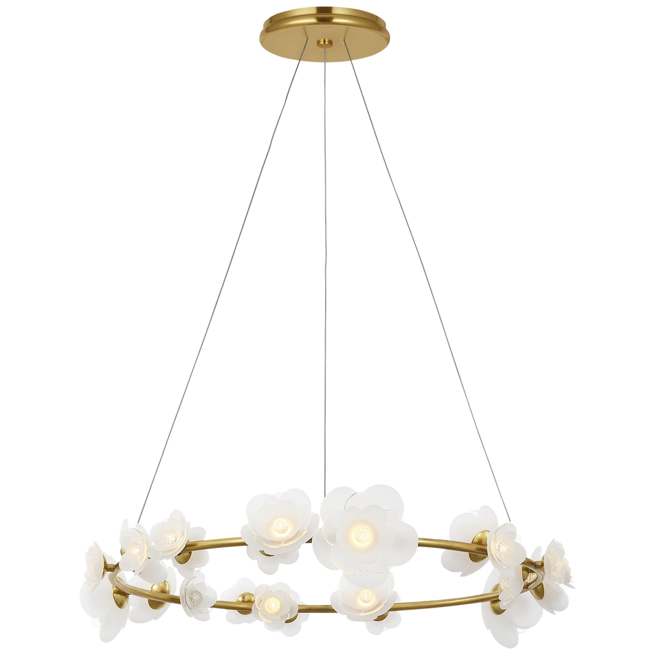 Petaluma 35" Ring Chandelier in Soft Lacquered Brass with Etched and Clear Glass Flowers