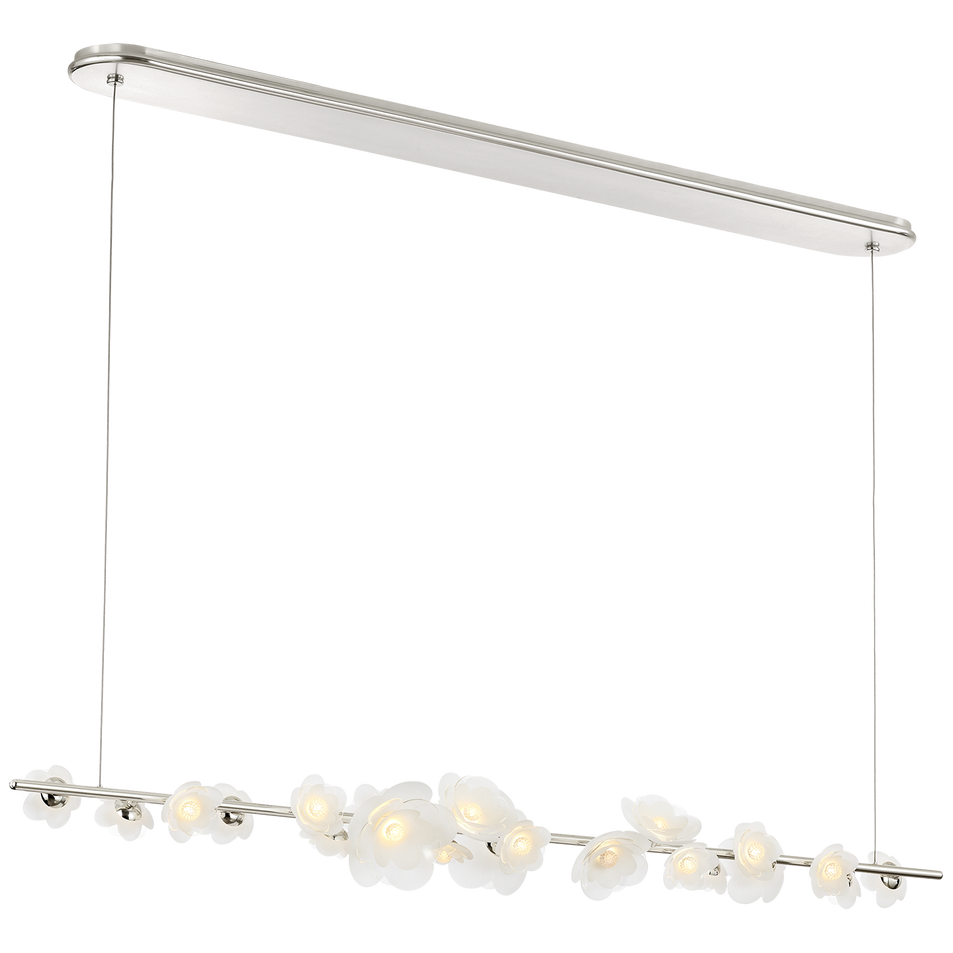 Petaluma 63" Linear Chandelier in Soft Silver with Etched and Clear Glass Flowers