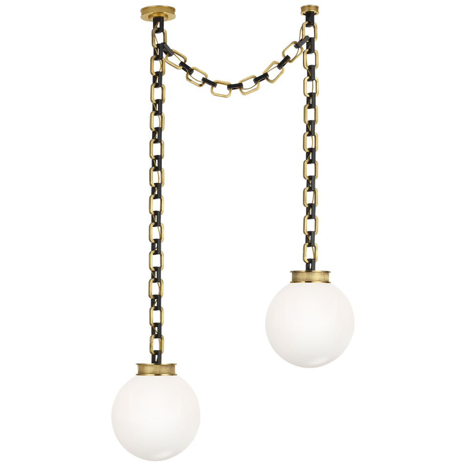 Bellamy 2 Light Statement Chain 12" Globe Chandelier in Soft Brass and Bronze with White Glass