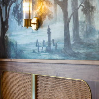 Allen Single Sconce, a premium Bath light by Visual Comfort & Co. Close - up image of its design.