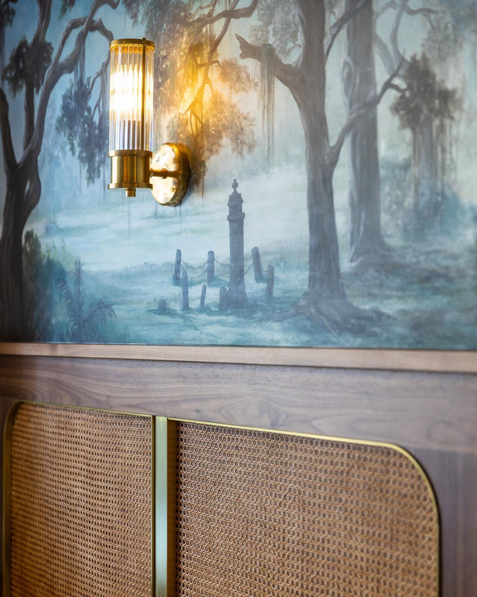 Allen Single Sconce, a premium Bath light by Visual Comfort & Co. Close - up image of its design.