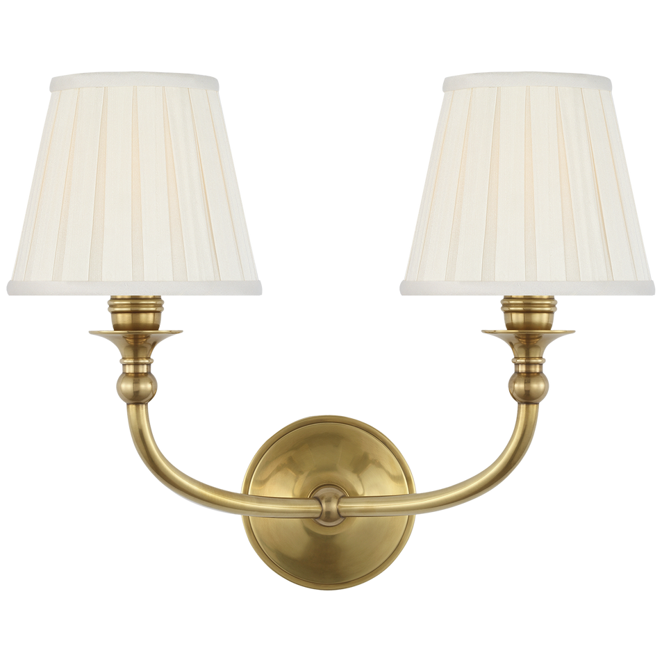 Embers 12" Double Sconce in Natural Brass with Silk Box Pleat
