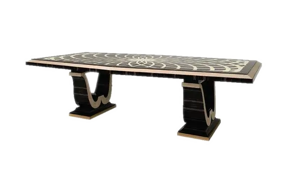 Art. 123 — Dining table in ebony with optical inlays of erable wood, and glossy finish. Zither silhouette for the supporting legs.