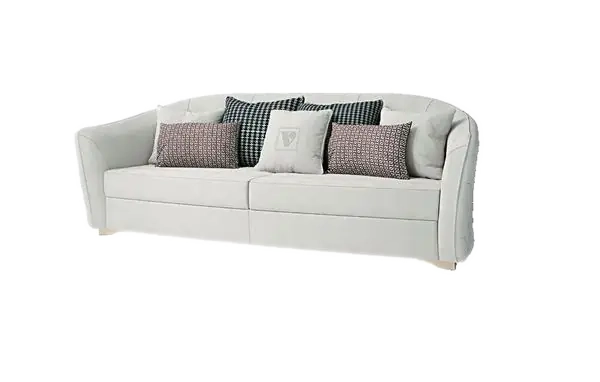 Art. 160/1 — Three-seater sofa in nubuck with capitonné workmanship on the backrest. Polished effect brass base.
