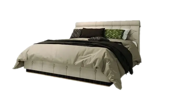Art. 501/K — Upholstered king size bed in capitonné leather with bronze effect and ebony wood base.